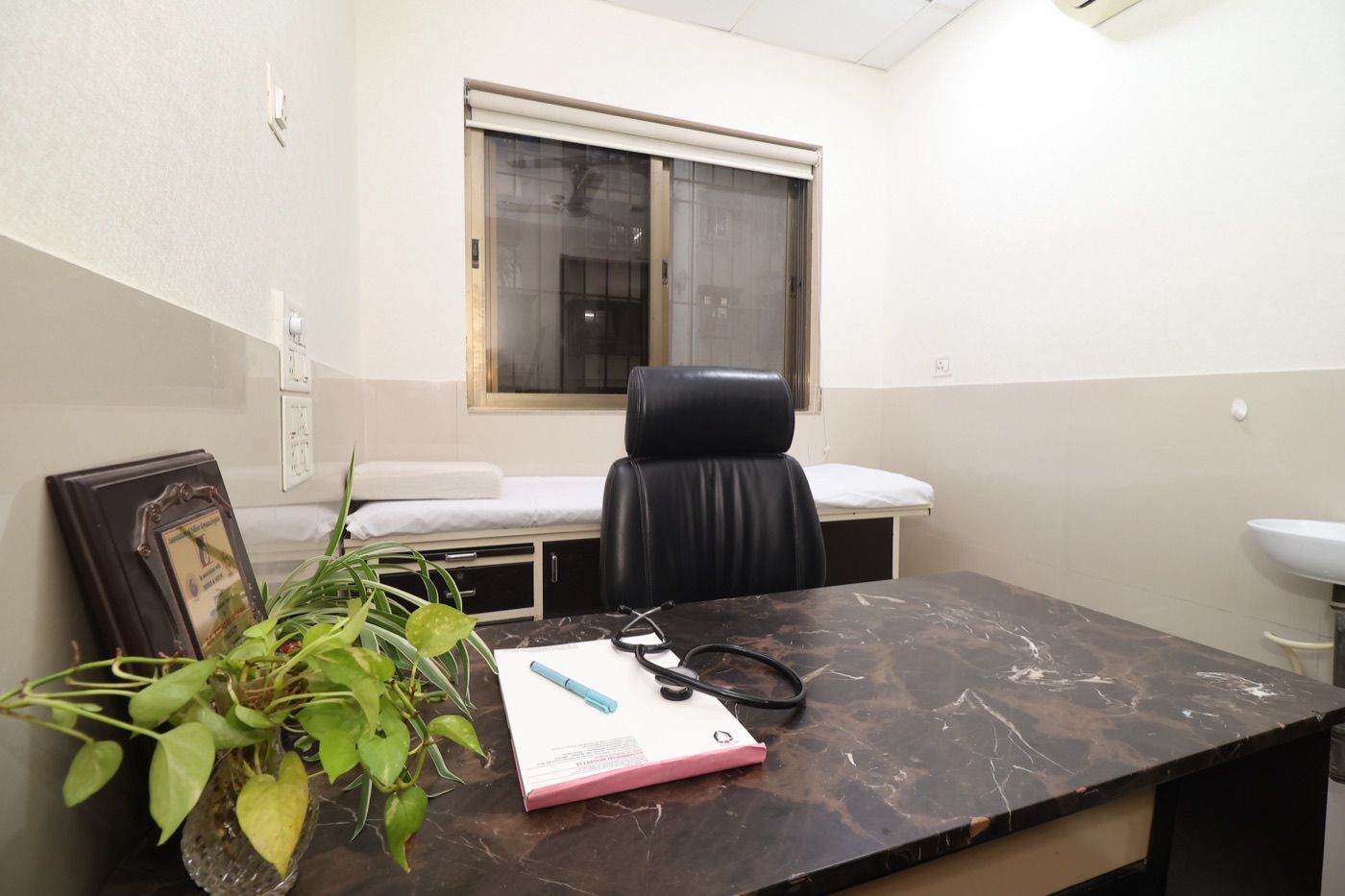 A consulting room at Aashirwad Hospital used for check-ups and vaccinations