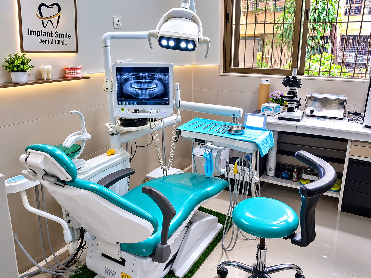The new dental operatory at Aashirwad Hospital — chair, overhead light and digital X-ray screen