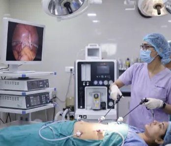 A laparoscopic procedure under way in the operation theatre